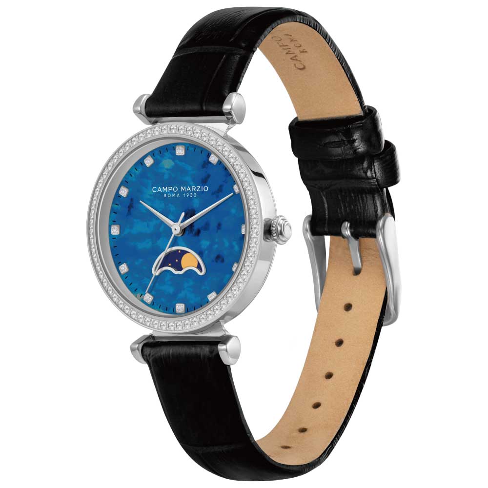 NAPLES Round Silver Case with Moon Phase Blue MOP Dial Black Crocodile Embossed Leather Strap CMW0034