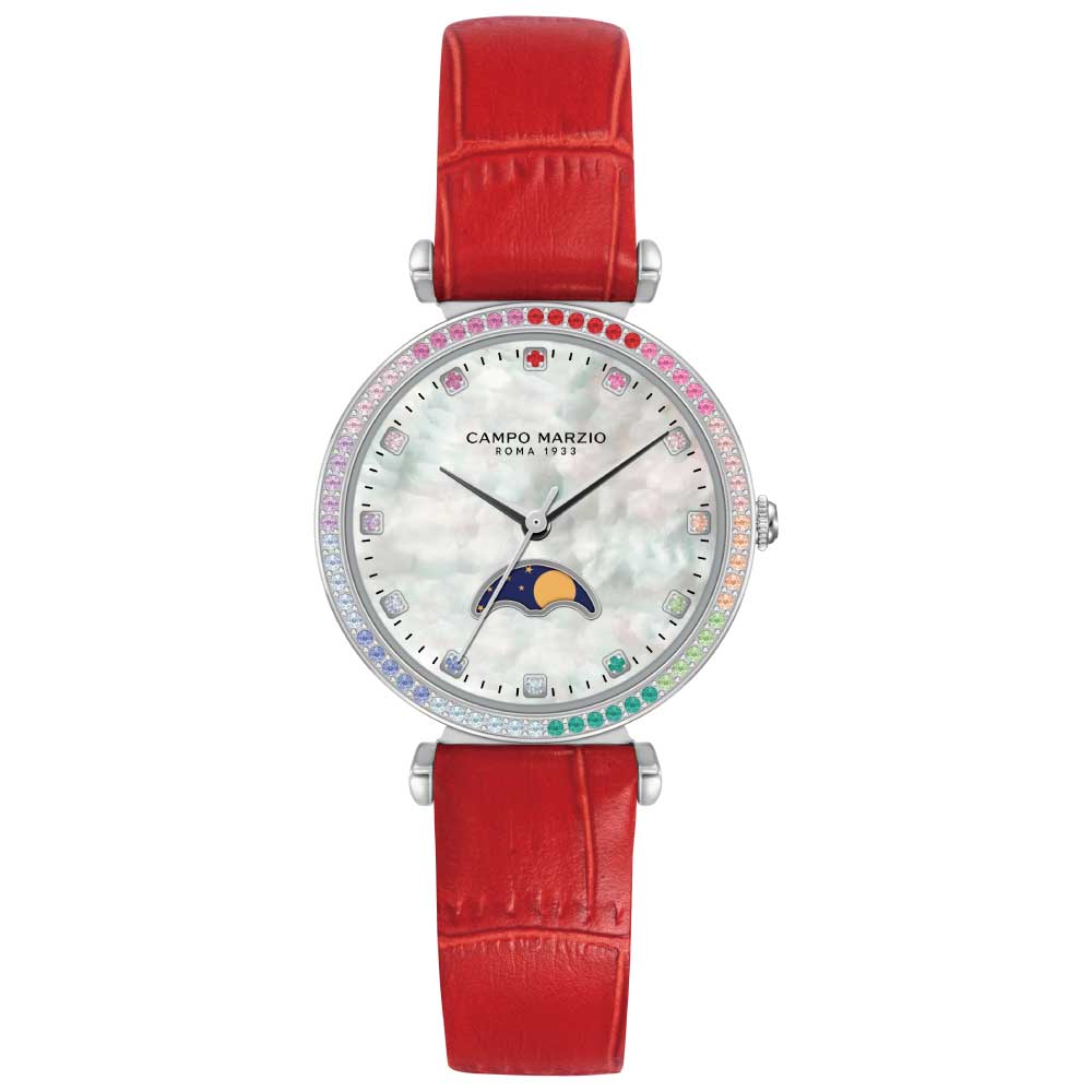 NAPLES Round Silver Case with Moon Phase White MOP Dial Red Crocodile Embossed Leather Strap CMW0033